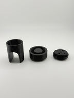TrackMount three-piece kit: perforated cap, main body, and main cap in black PETG