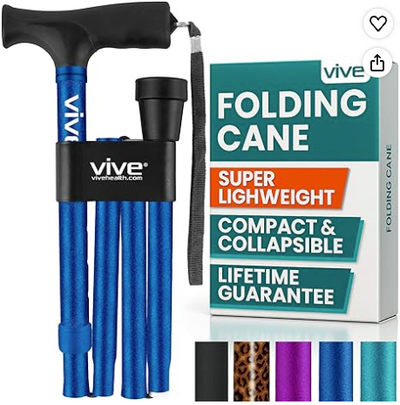 Vive Folding Cane - Foldable Walking Cane for Men, Women - Fold-up, Collapsible, Lightweight, Adjustable, Portable Hand Walking Stick - Balancing Mobility Aid - Sleek, Comfortable T Handles