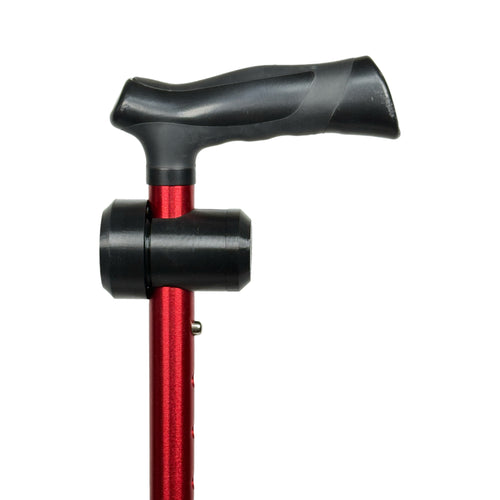 TrackMount cane tracker holder installed on a red aluminum walking cane below the handle