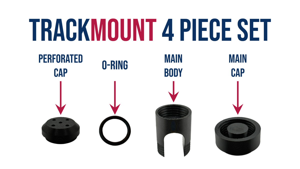    TrackMount 4-piece kit: perforated cap, O-ring, main body, and main cap in black PETG