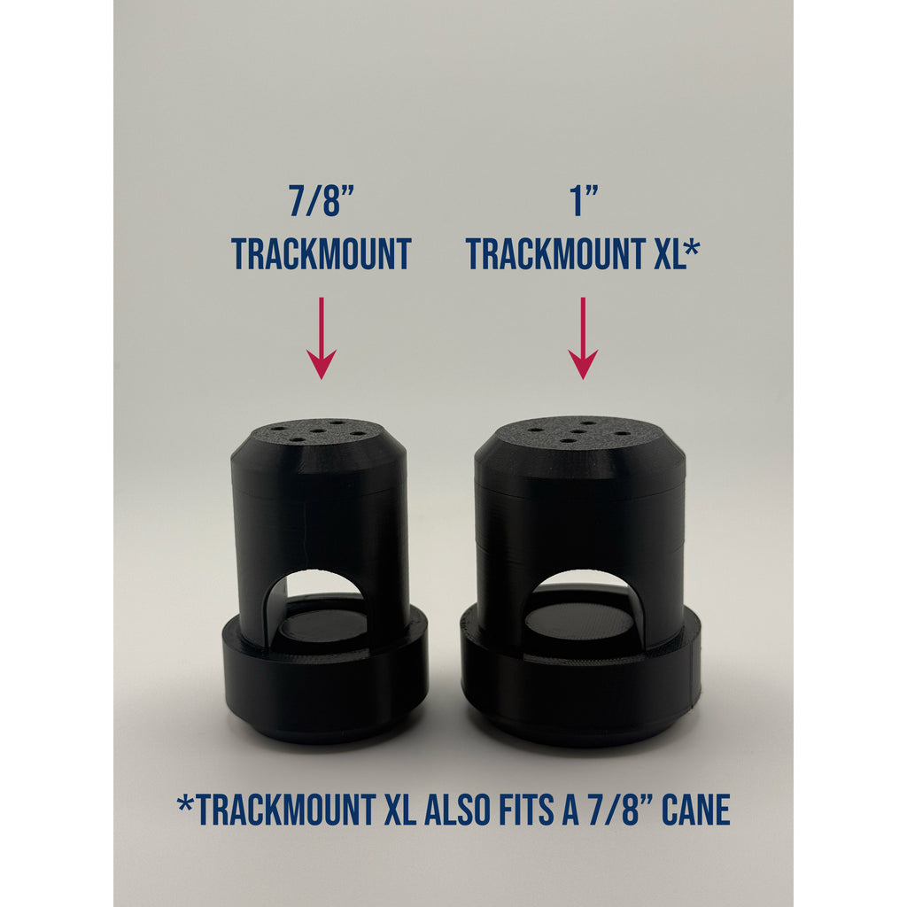 Size comparison of the 7/8 inch TrackMount and the 1 inch TrackMount XL, shown side by side