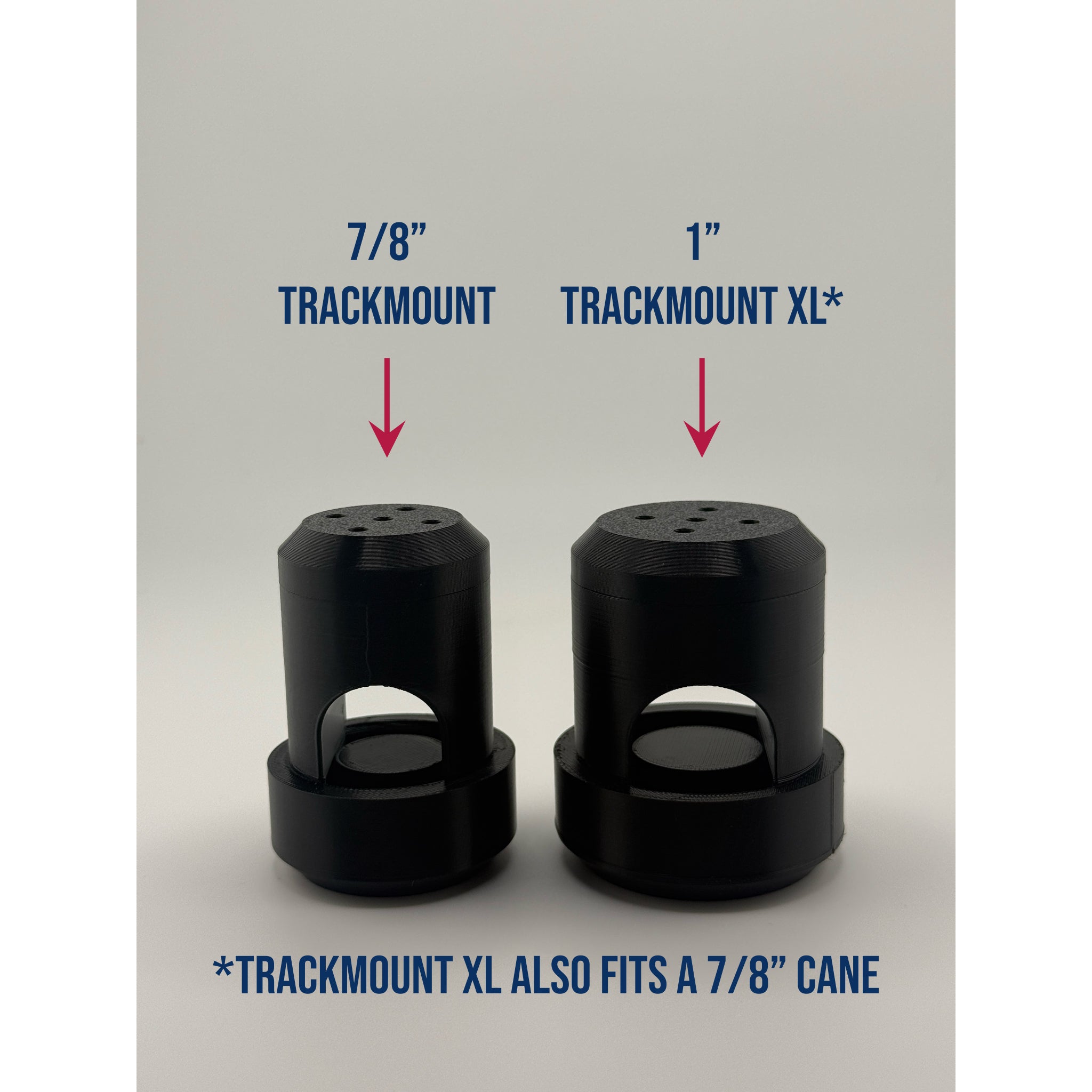 Size comparison of the 7/8 inch TrackMount and the 1 inch TrackMount XL, shown side by side