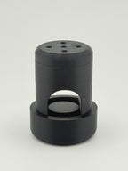 Fully assembled black TrackMount with the perforated cap on top and the U-shaped slot that fits over a cane
