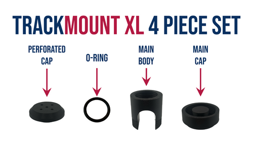 TrackMount XL 4-piece kit: perforated cap, O-ring, main body, and main cap in black PETG