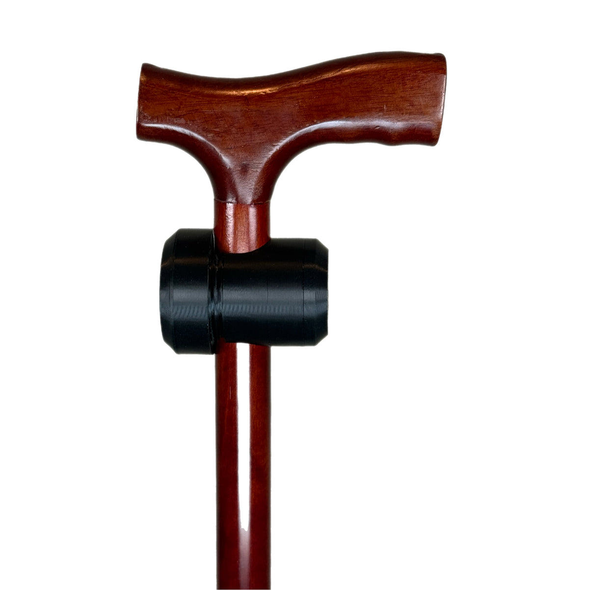 TrackMount XL black tracker holder mounted below the handle on a wooden walking cane